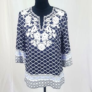 Charter Club women PM linen intrpd blouse 3/4 sleeve semi sheer bloomcore artsy